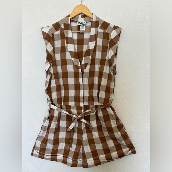 WHIT TWO Anthropologie womens white tan plaid casual Gingham Romper size XL - Picture 2 of 9